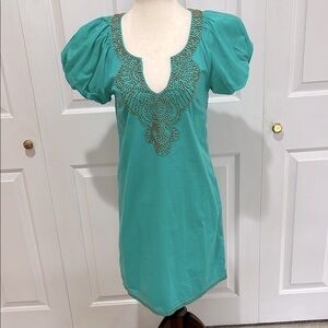 NWT Pink Pineapple Teal Sheath Dress W/ Beaded Accents Size S